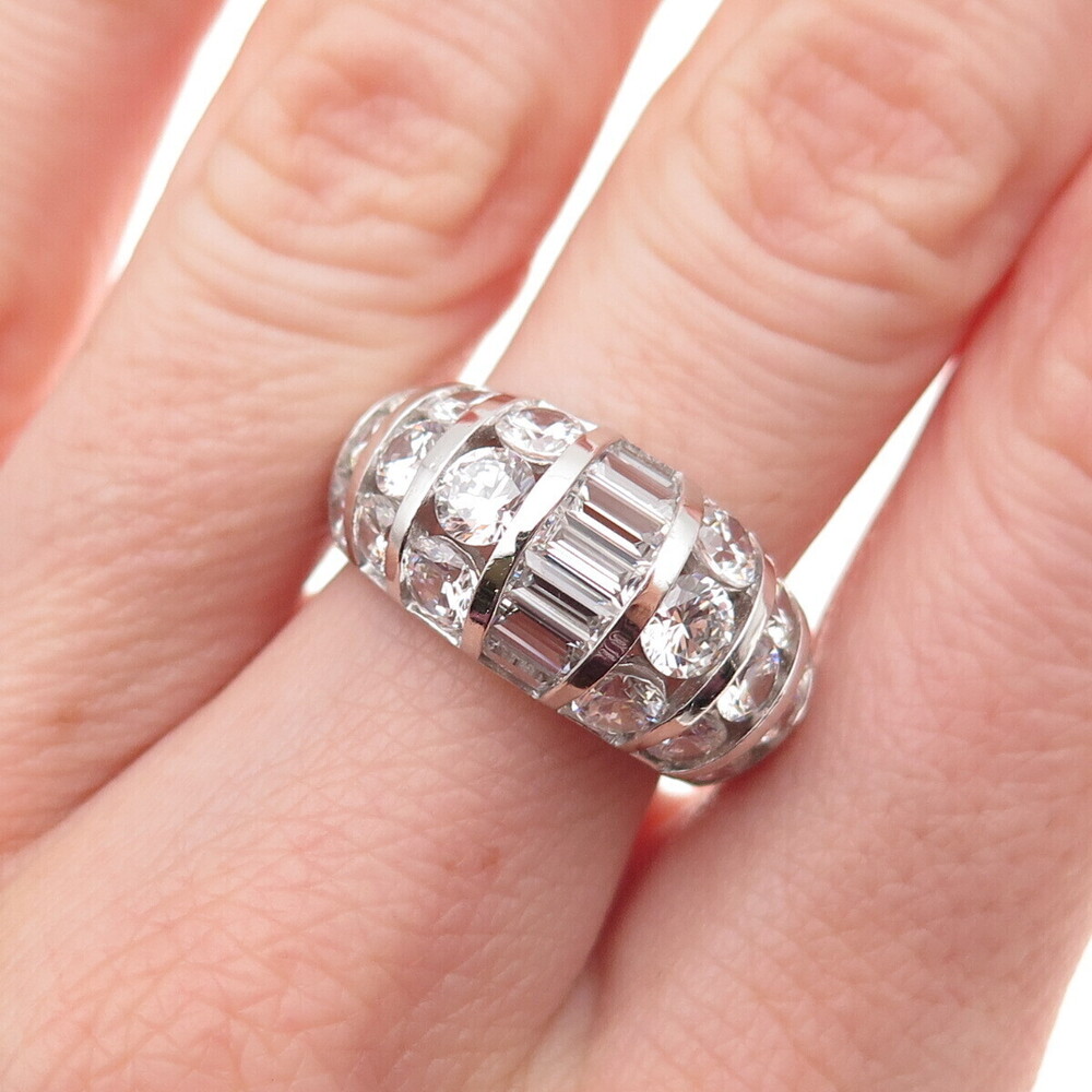 925 Sterling Silver Round & Emerald-Cut C Z Dome Ring Size 7